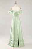 Dusty Sage A-line Off The Shoulder Chiffon Long Bridesmaid Dress with Slit