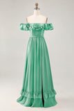 Dusty Sage A-line Off The Shoulder Chiffon Long Bridesmaid Dress with Slit