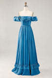 Royal Blue A-line Off The Shoulder Chiffon Long Bridesmaid Dress with Slit