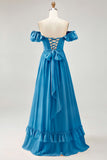 Royal Blue A-line Off The Shoulder Chiffon Long Bridesmaid Dress with Slit