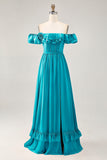 Royal Blue A-line Off The Shoulder Chiffon Long Bridesmaid Dress with Slit