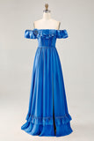 Royal Blue A-line Off The Shoulder Chiffon Long Bridesmaid Dress with Slit