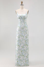 Sheath Blue White Flower Spaghetti Straps Print Long Bridesmaid Dress with Back Slit