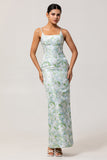 White Flower Sheath Spaghetti Straps Print Long Bridesmaid Dress with Back Slit