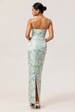 Sheath Blue White Flower Spaghetti Straps Print Long Bridesmaid Dress with Back Slit