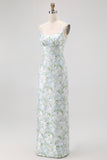 Sheath Blue White Flower Spaghetti Straps Print Long Bridesmaid Dress with Back Slit