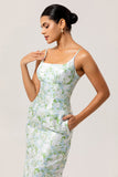 White Flower Sheath Spaghetti Straps Print Long Bridesmaid Dress with Back Slit