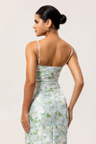White Flower Sheath Spaghetti Straps Print Long Bridesmaid Dress with Back Slit