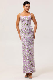 Purple Flower Sheath Spaghetti Straps Chiffon Print Long Bridesmaid Dress with Back Slit