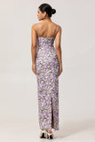 Purple Flower Sheath Spaghetti Straps Chiffon Print Long Bridesmaid Dress with Back Slit