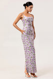 Purple Flower Sheath Spaghetti Straps Chiffon Print Long Bridesmaid Dress with Back Slit