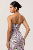 Purple Flower Sheath Spaghetti Straps Chiffon Print Long Bridesmaid Dress with Back Slit