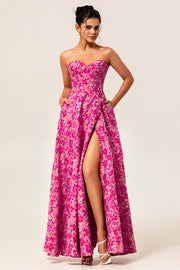 A-Line Strapless Corset Long Fuchsia Floral Satin Jacquard Dress with Pockets