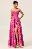Fuchsia Floral A-Line Strapless Corset Floor Length Corset Satin Jacquard Dress with Slit