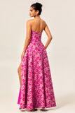 A-Line Strapless Corset Long Fuchsia Floral Satin Jacquard Dress with Pockets