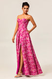 A-Line Strapless Corset Long Fuchsia Floral Satin Jacquard Dress with Pockets
