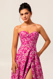 A-Line Strapless Corset Long Fuchsia Floral Satin Jacquard Dress with Pockets