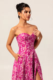 A-Line Strapless Corset Long Fuchsia Floral Satin Jacquard Dress with Pockets