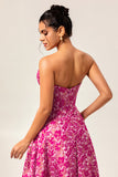 A-Line Strapless Corset Long Fuchsia Floral Satin Jacquard Dress with Pockets