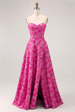 A-Line Strapless Corset Long Fuchsia Floral Satin Jacquard Dress with Pockets