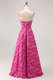 A-Line Strapless Corset Long Fuchsia Floral Satin Jacquard Dress with Pockets