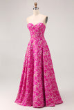 A-Line Strapless Corset Long Fuchsia Floral Satin Jacquard Dress with Pockets