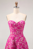 Fuchsia Floral A-Line Strapless Corset Floor Length Corset Satin Jacquard Dress with Slit