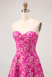 Fuchsia Floral A-Line Strapless Corset Floor Length Corset Satin Jacquard Dress with Slit
