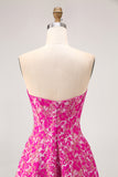 Fuchsia Floral A-Line Strapless Corset Floor Length Corset Satin Jacquard Dress with Slit