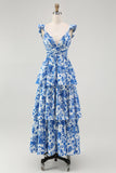 Blue Floral A-Line Deep V Neck Tiered Print Maxi Dress with Ruffles