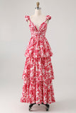 Red Flower A-Line Deep V Neck Tiered Print Maxi Dress with Ruffles