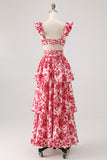 Red Flower A-Line Deep V Neck Tiered Print Maxi Dress with Ruffles
