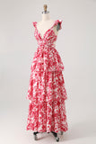 Red Flower A-Line Deep V Neck Tiered Print Maxi Dress with Ruffles