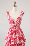 Red Flower A-Line Deep V Neck Tiered Print Maxi Dress with Ruffles