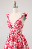 Red Flower A-Line Deep V Neck Tiered Print Maxi Dress with Ruffles