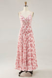 Blush Flower A Line Spaghetti Straps Print Pleated Long Wedding Guest Dress