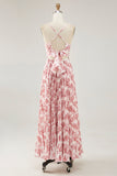 Blush Flower A Line Spaghetti Straps Print Pleated Long Wedding Guest Dress