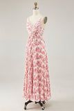 Blush Flower A Line Spaghetti Straps Print Pleated Long Wedding Guest Dress