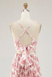 Blush Flower A Line Spaghetti Straps Print Pleated Long Wedding Guest Dress