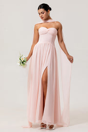 Blush A-Line Strapless Ruched Corset Chiffon Convertible Long Bridesmaid Dress with Slit