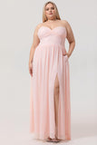 Blush A-Line Strapless Ruched Corset Chiffon Convertible Long Plus Size Bridesmaid Dress with Slit