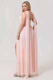 Blush A-Line Strapless Ruched Corset Chiffon Convertible Long Plus Size Bridesmaid Dress with Slit