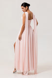 Blush A-Line Strapless Ruched Corset Chiffon Convertible Long Bridesmaid Dress with Slit