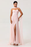 Blush A-Line Strapless Ruched Corset Chiffon Convertible Long Bridesmaid Dress with Slit