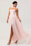 Blush A-Line Strapless Ruched Corset Chiffon Convertible Long Bridesmaid Dress with Slit
