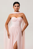 Blush A-Line Strapless Ruched Corset Chiffon Convertible Long Bridesmaid Dress with Slit