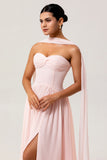 Blush A-Line Strapless Ruched Corset Chiffon Convertible Long Bridesmaid Dress with Slit