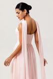 Blush A-Line Strapless Ruched Corset Chiffon Convertible Long Bridesmaid Dress with Slit
