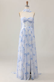 Blue Flower A-Line Strapless Convertible Chiffon Print Floral Dress with Slit