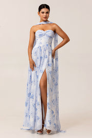 Blue Flower A-Line Strapless Chiffon Print Convertible Long Bridesmaid Dress with Slit
